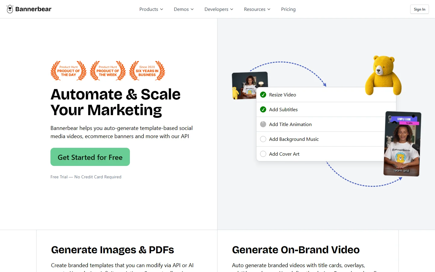 Homepage of Bannerbear, an API for automated image and video generation