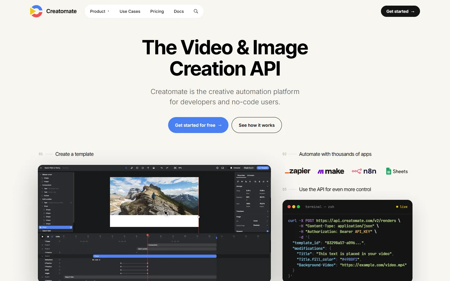 Homepage of Creatomate, a template-based video generation API
