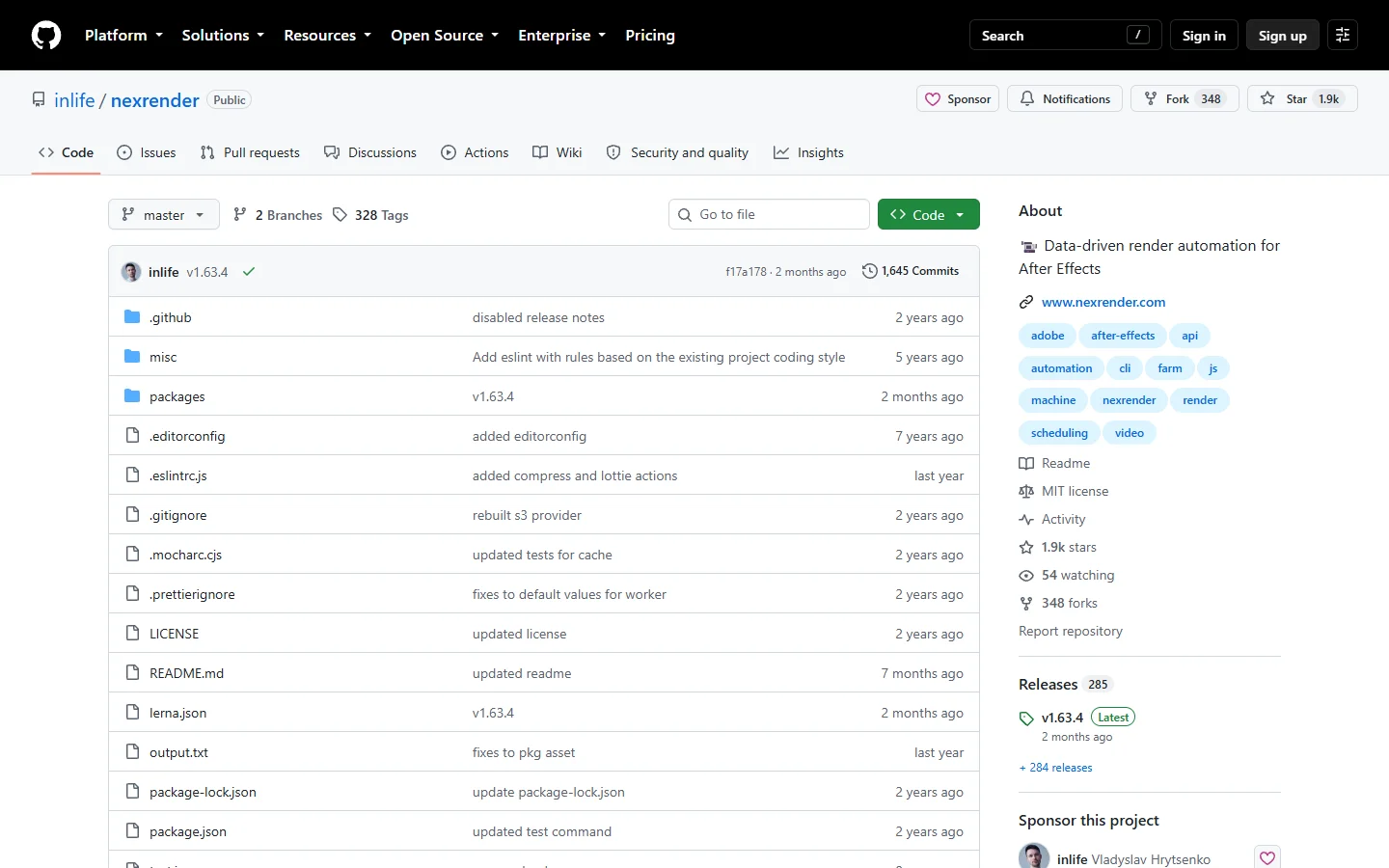 Homepage of nexrender, an open source After Effects render automation project