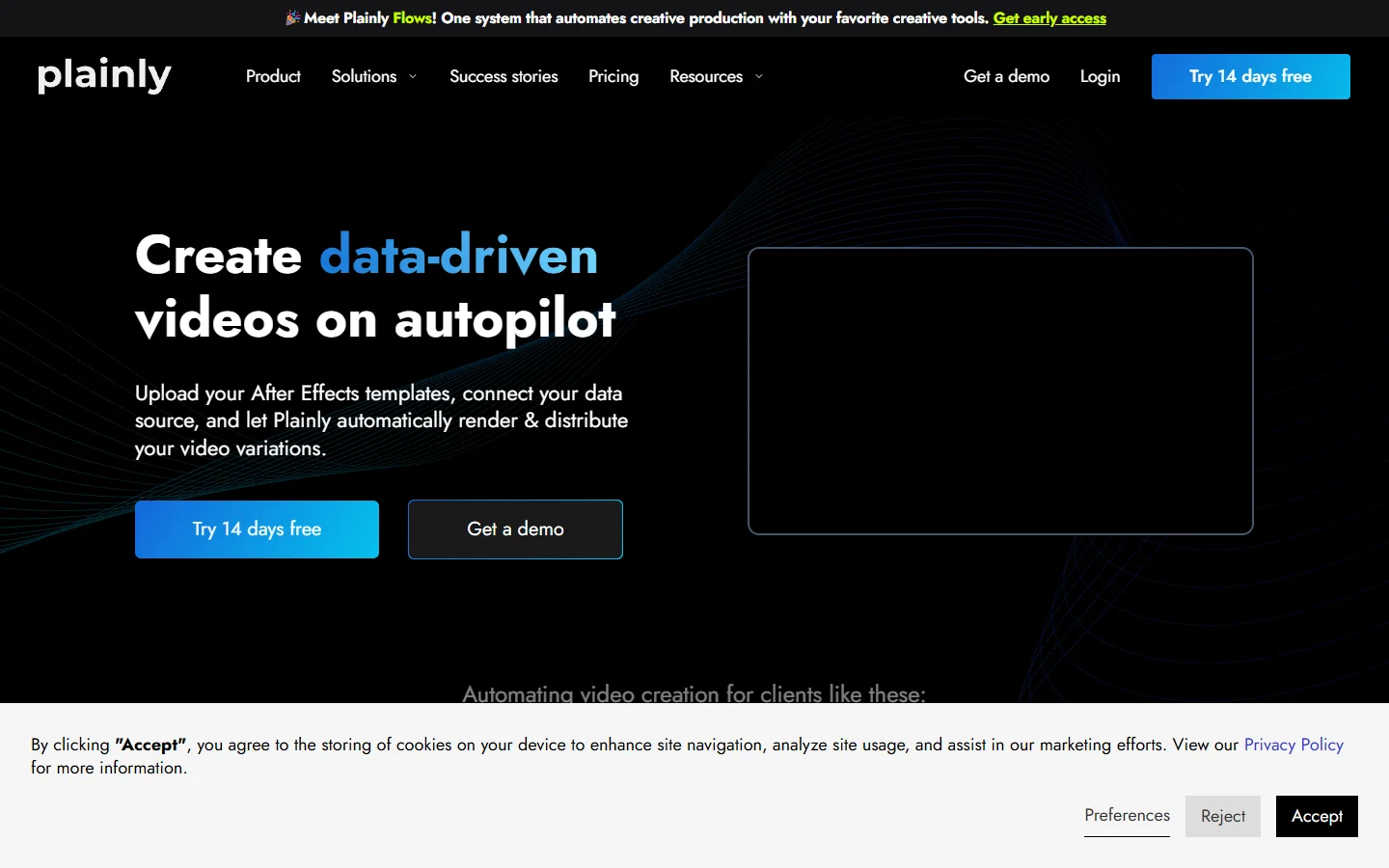 Homepage of Plainly Videos, an After Effects template rendering service