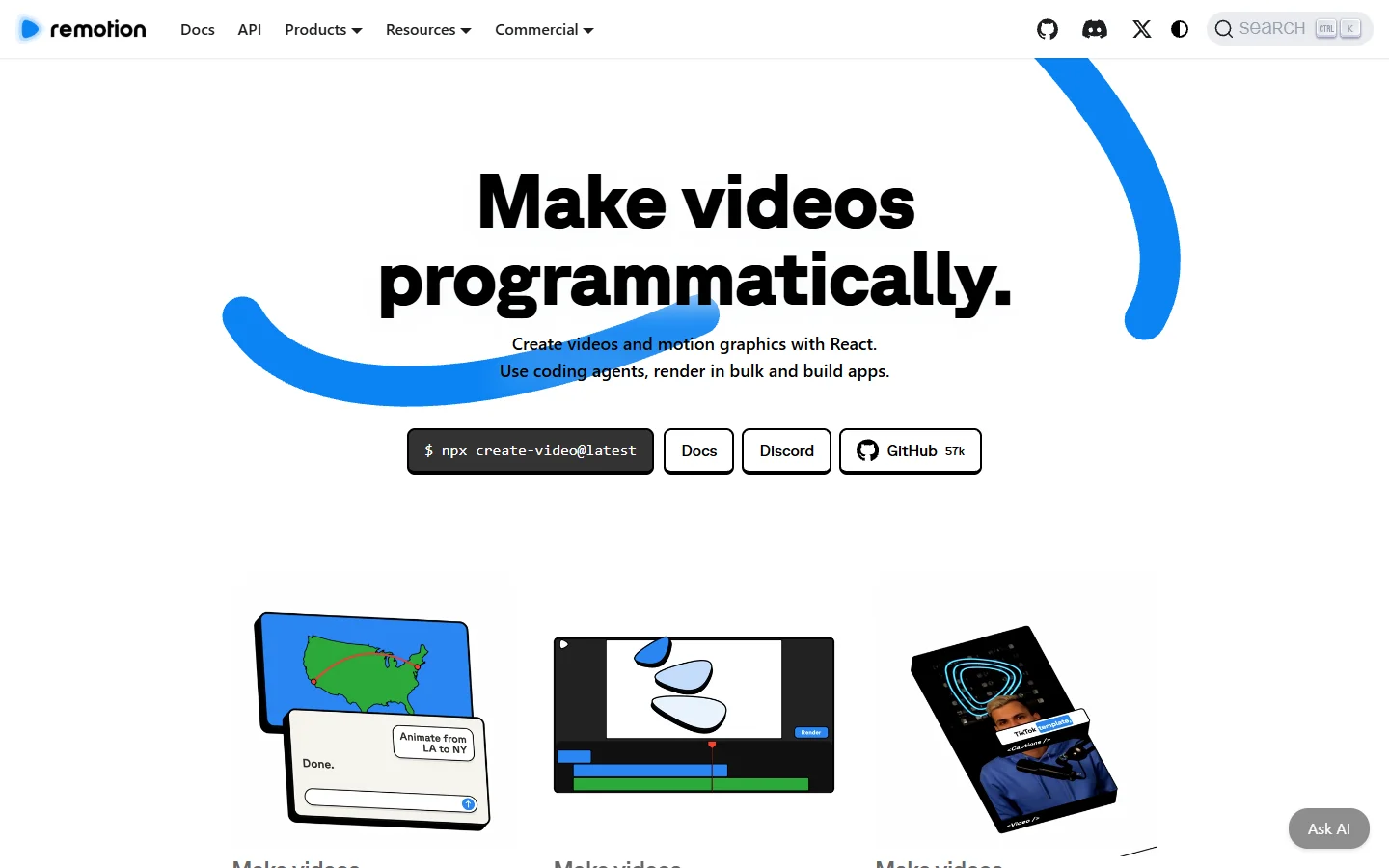Homepage of Remotion, a React framework for programmatic video