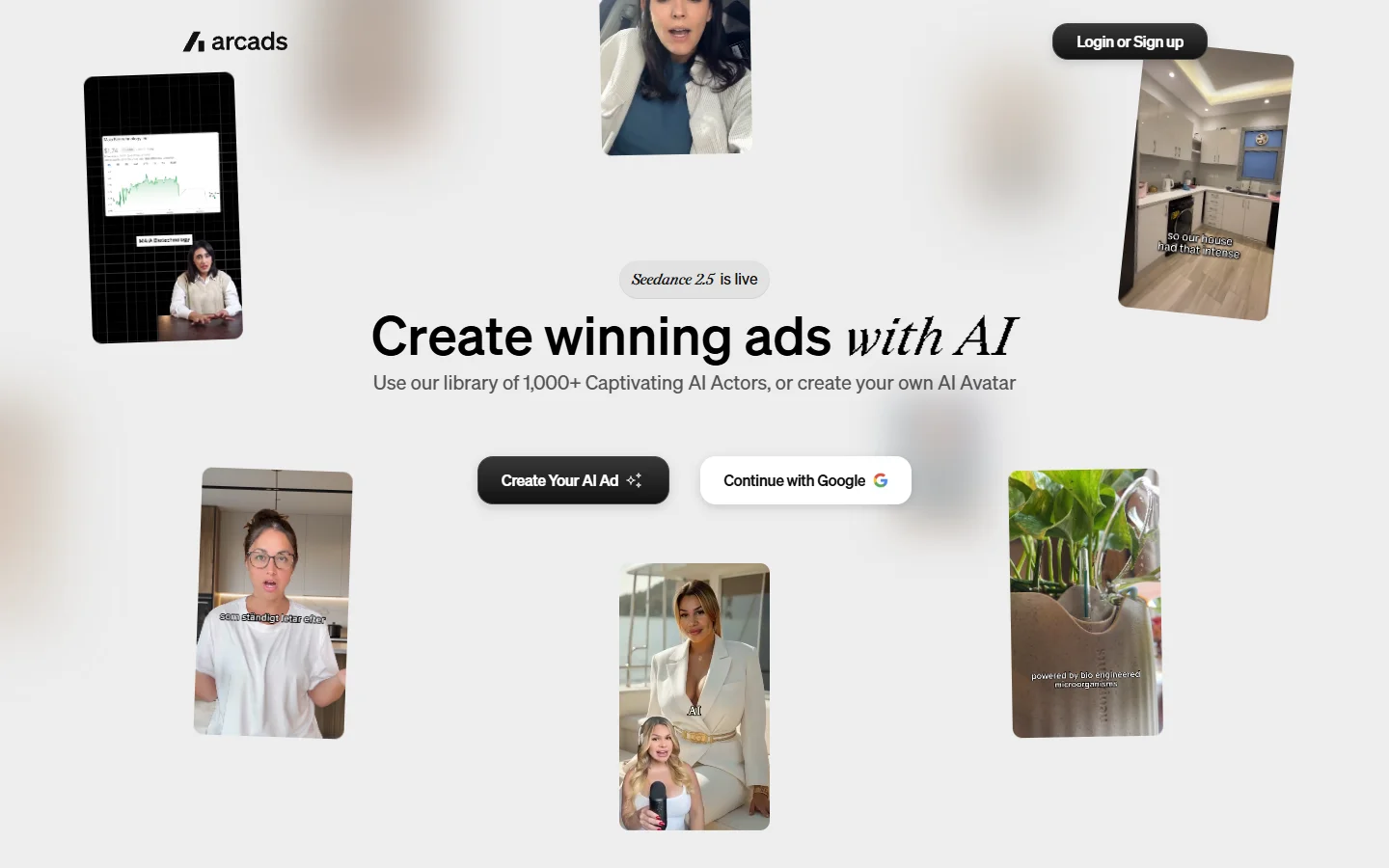 Arcads homepage showing a library of AI actors