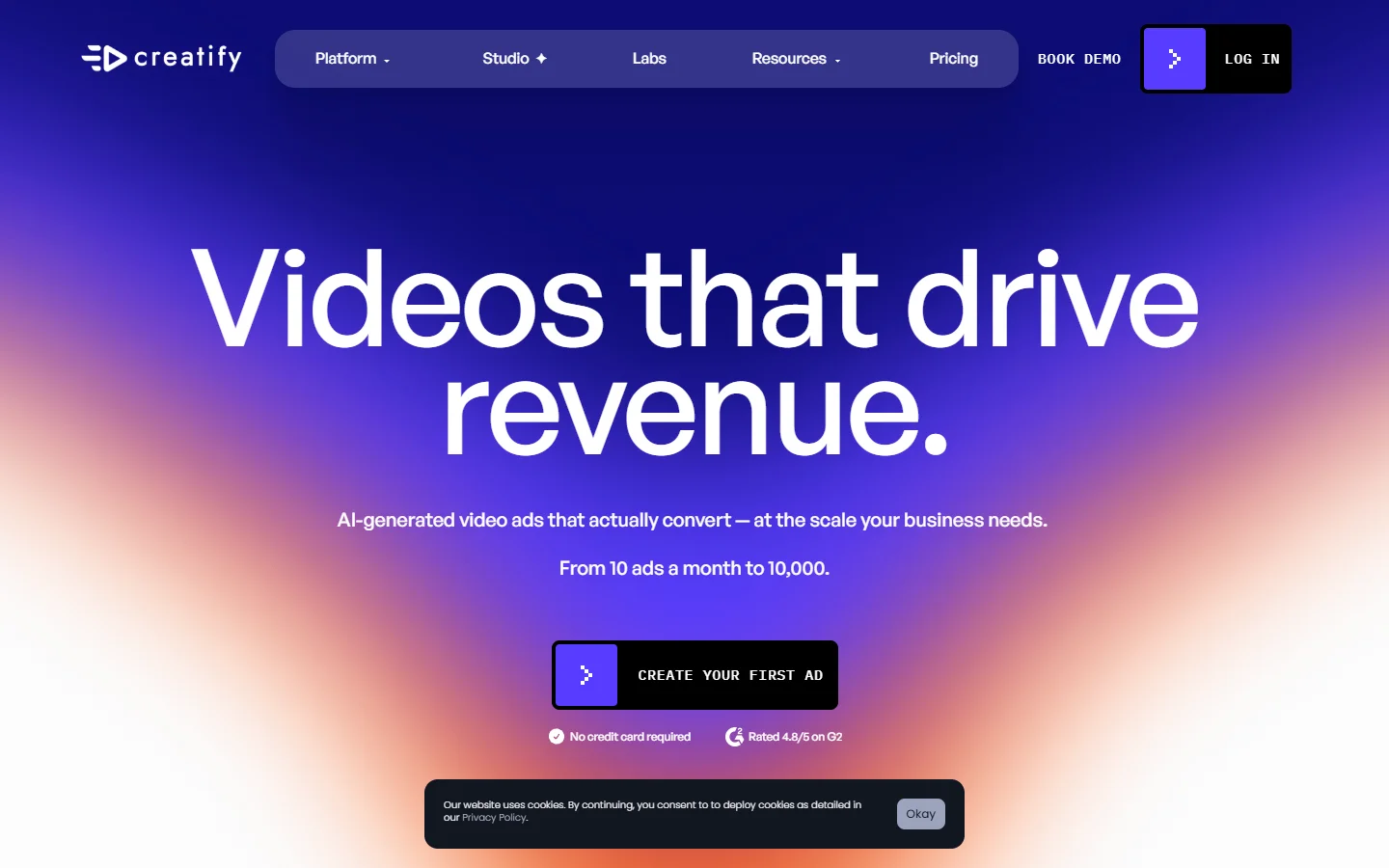 Creatify homepage advertising AI video ads at scale