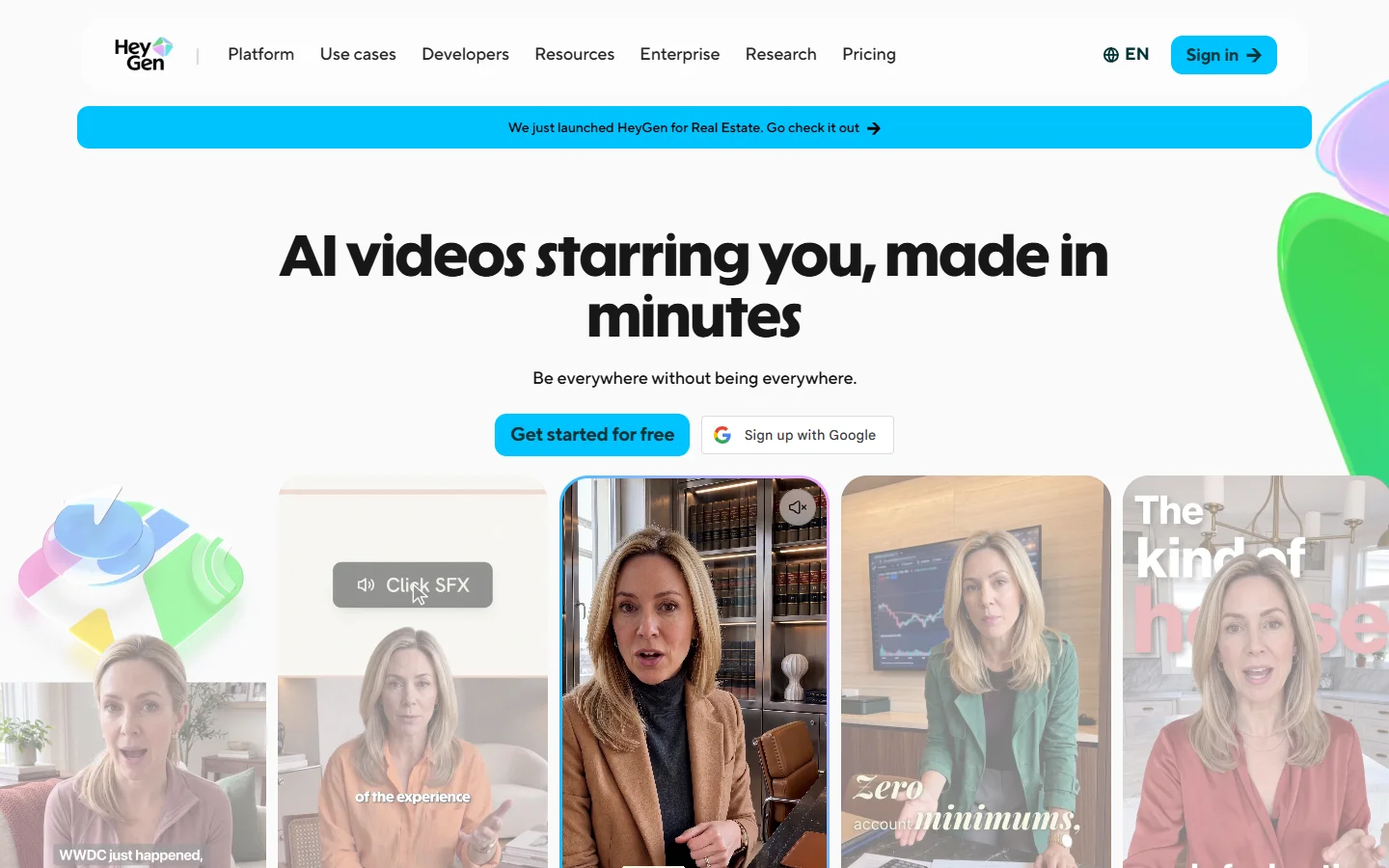 HeyGen homepage showing its AI avatar video product