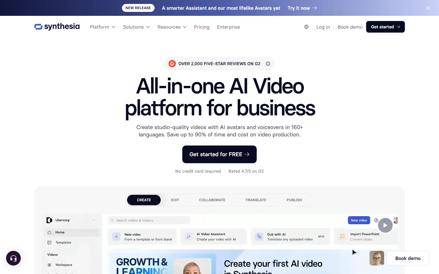 Synthesia homepage showing its enterprise presenter video platform