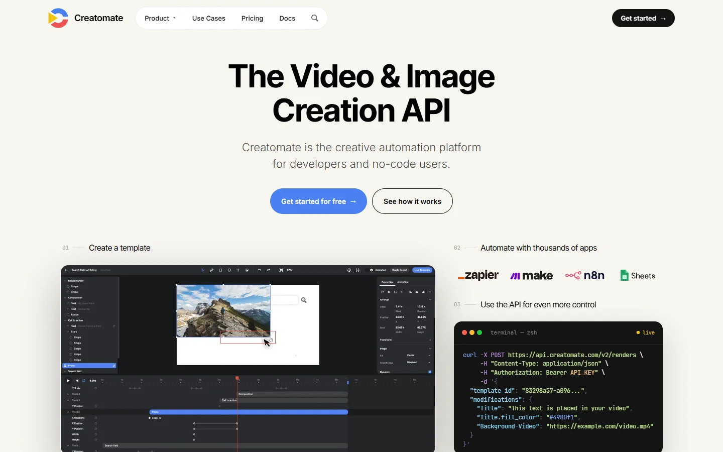 Creatomate homepage showing template-based video and image creation
