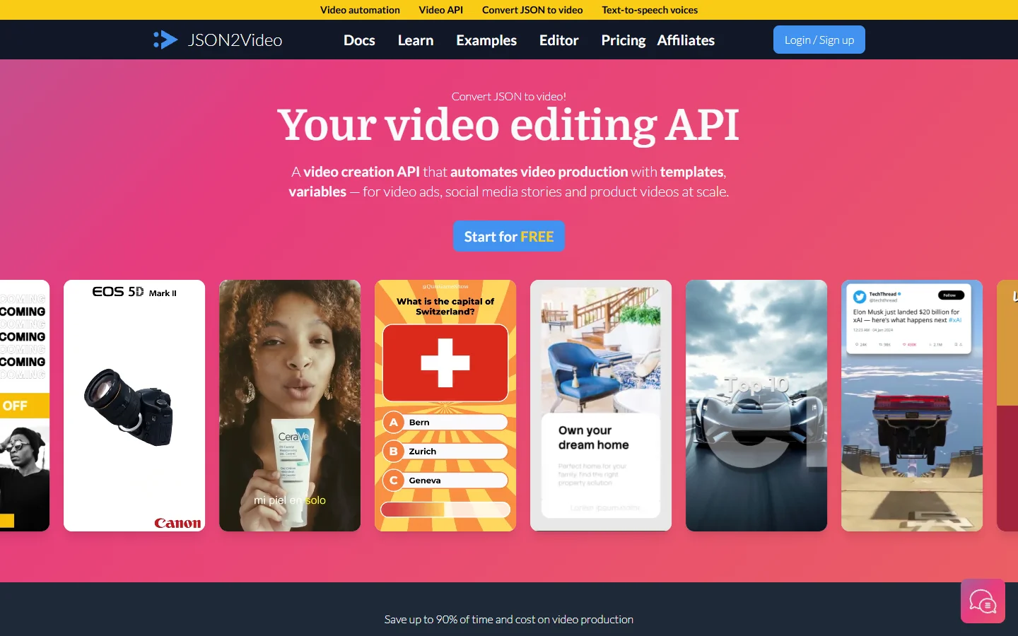 JSON2Video homepage showing its JSON to video conversion API