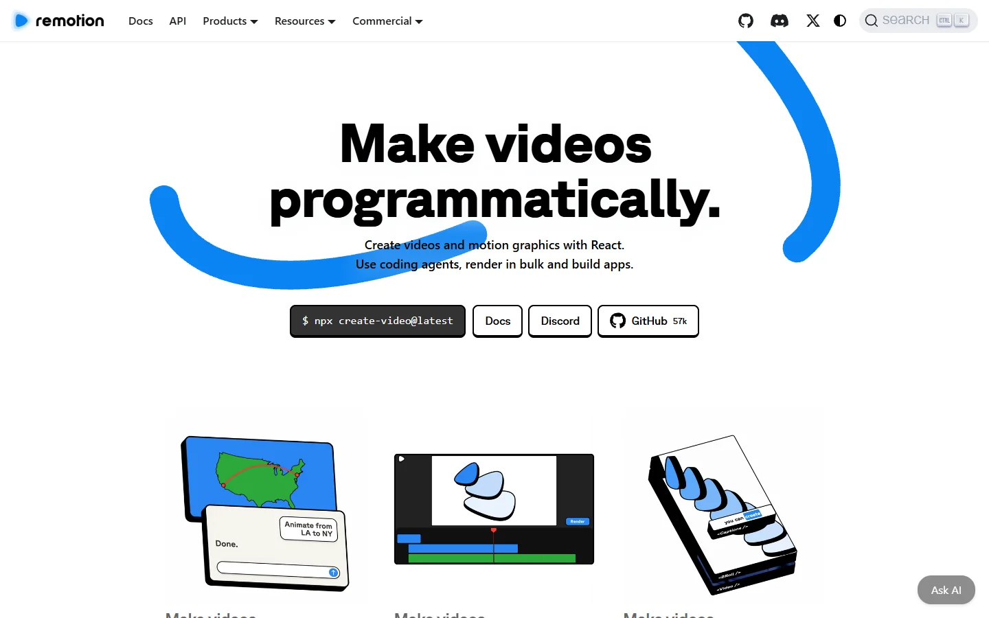Remotion homepage showing programmatic video creation with React