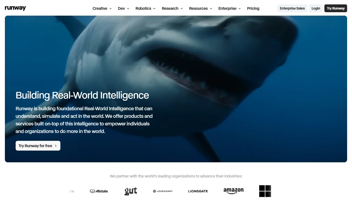 Runway homepage showing generative video model access