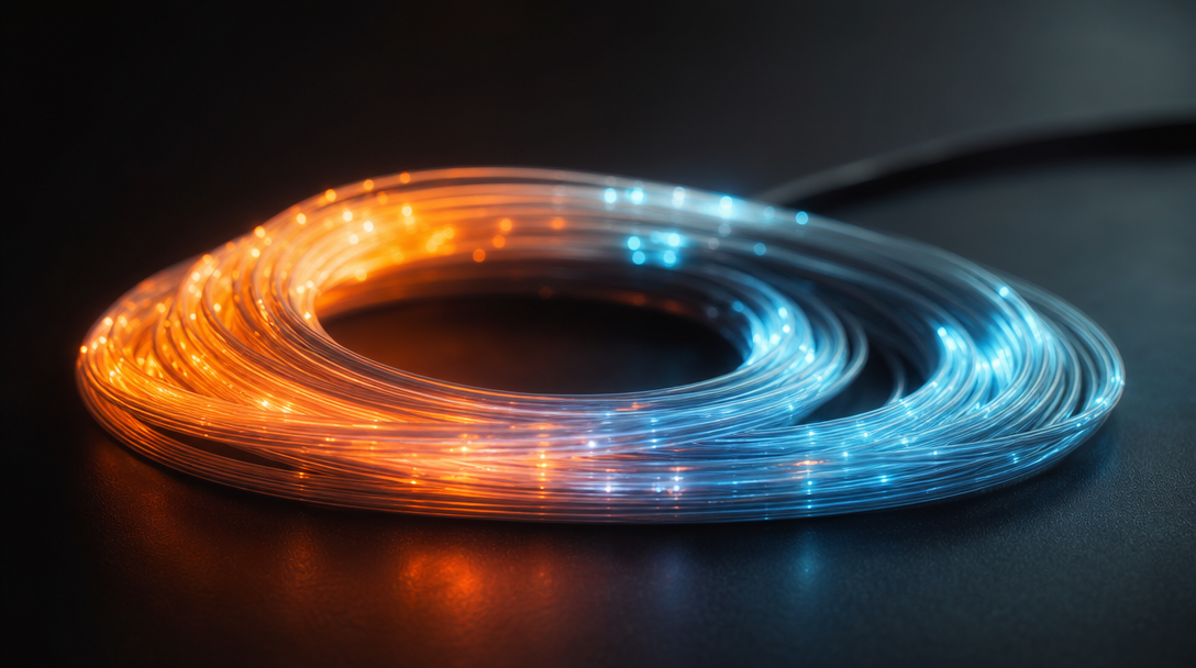 Coiled glowing fiber-optic cables on a matte black surface