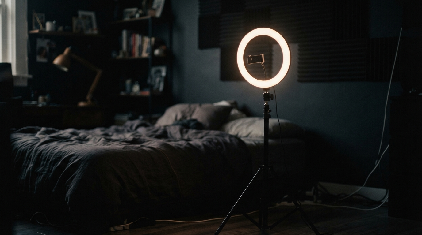 Ring light glowing in an empty bedroom studio