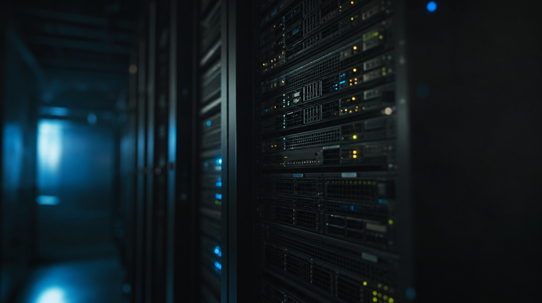 Server rack with blinking lights in a dim room