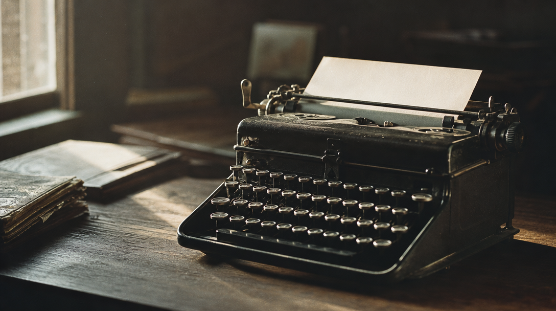 Vintage typewriter with a fresh page by a window