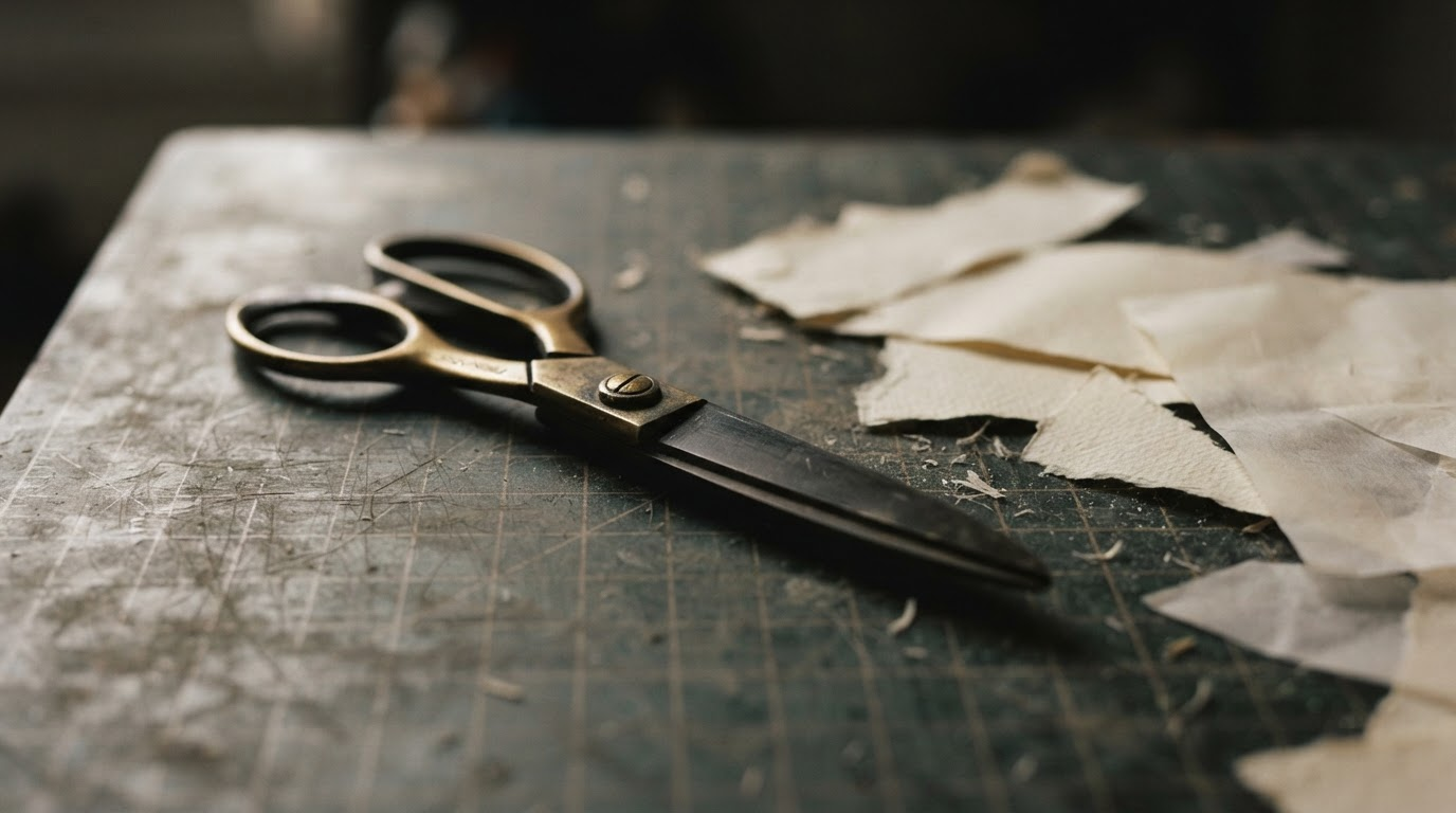 Scissors on a cutting mat beside paper scraps