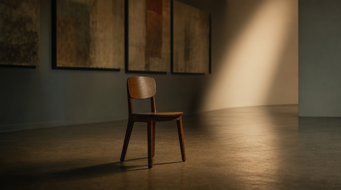 A single film strip curling across a marble surface under warm directional light
