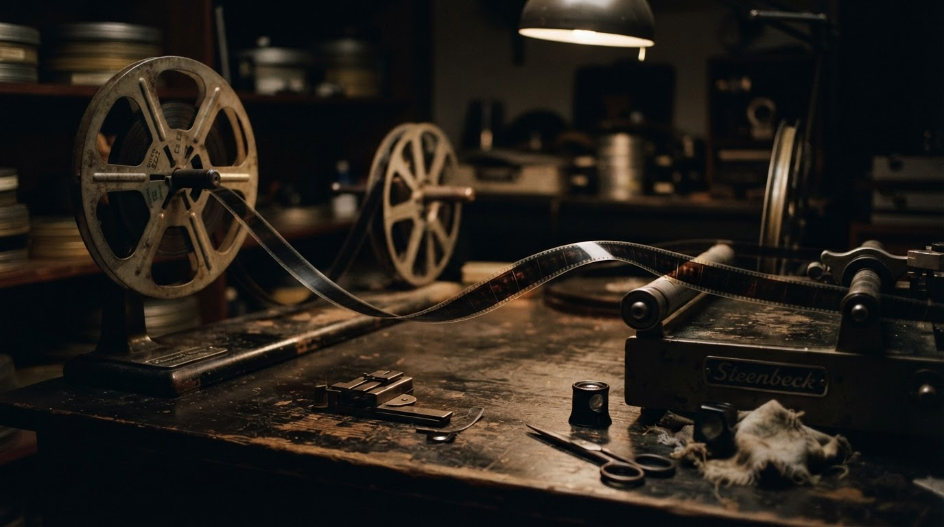 Film reels and a cutting bench under a single lamp
