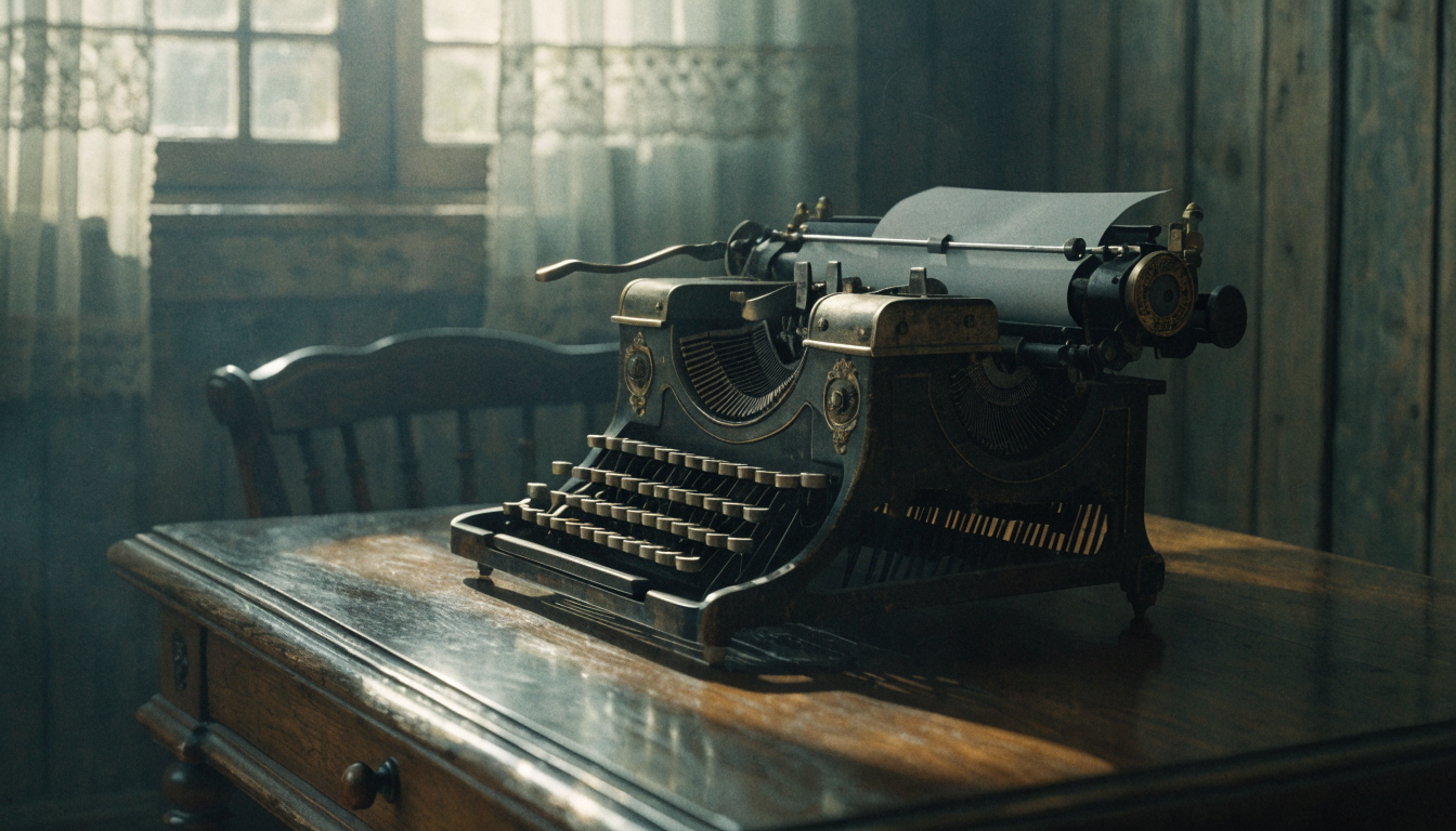 A vintage typewriter with a film strip curling from the paper roller