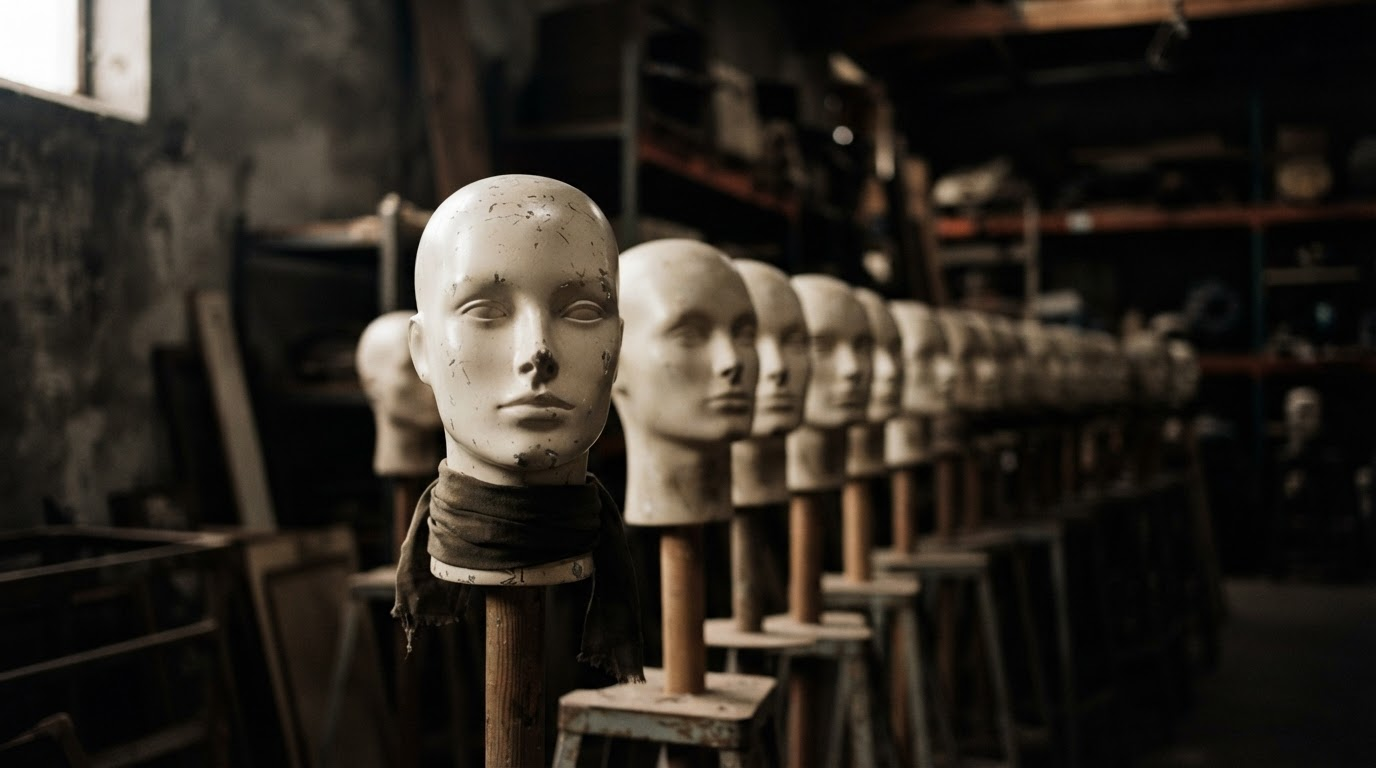 Row of identical mannequin heads in a dim warehouse
