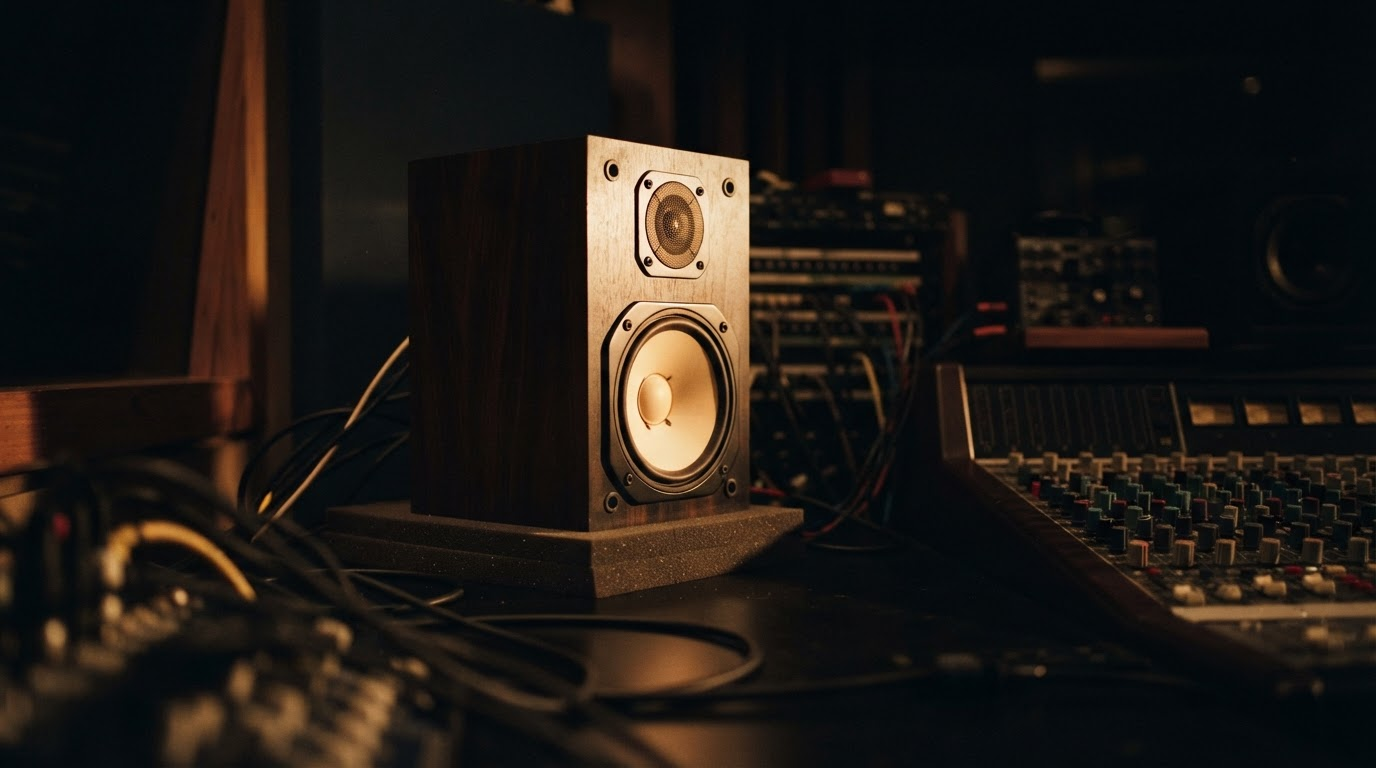 Studio monitor speaker glowing beside a mixing desk