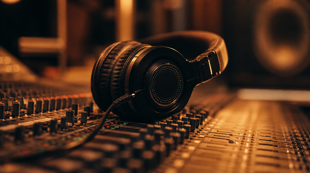Studio headphones on a mixing console