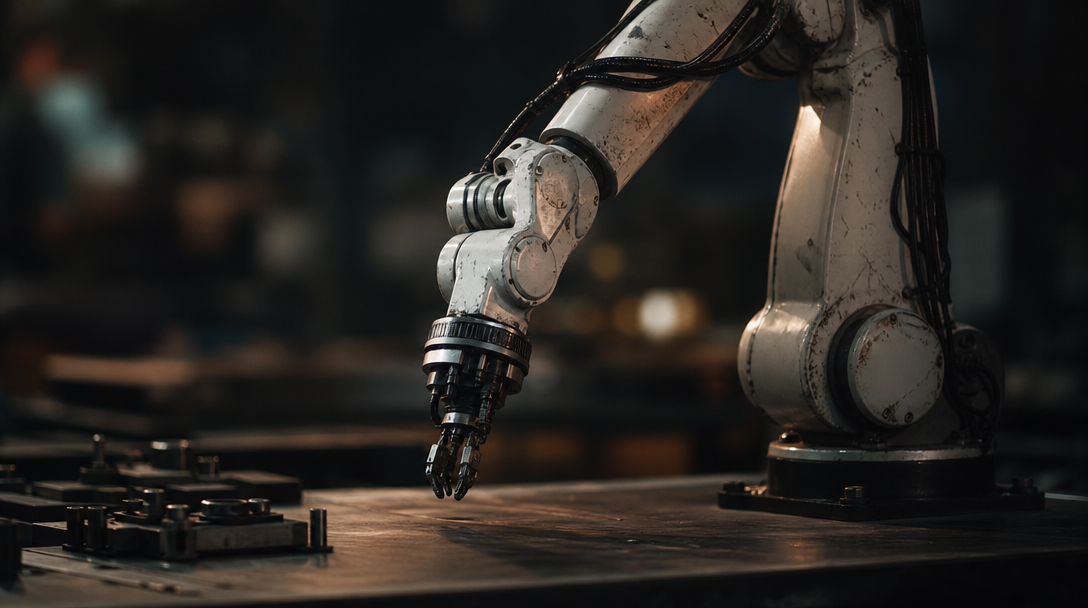 Articulated robotic arm poised over a dark industrial workbench