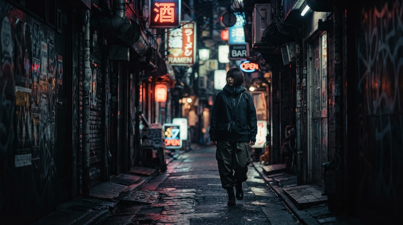 Rain-slicked street at night with a single lit window, film grain